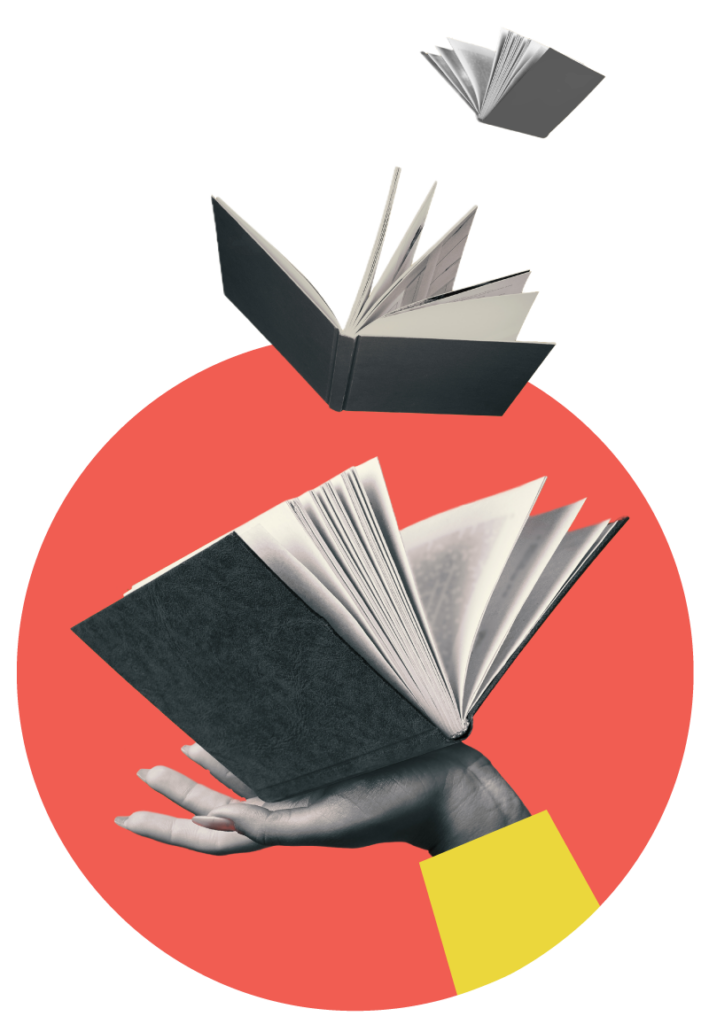 A collage of three books with black covers and white pages. One book is being held open in a hand, while the other two appear to be floating above it. The background is a large red circle.