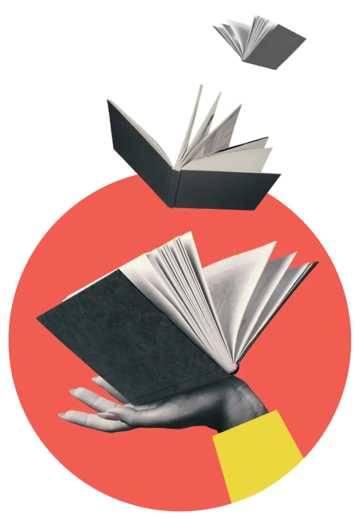 A collage of three books with black covers and white pages. One book is being held open in a hand, while the other two appear to be floating above it. The background is a large red circle.