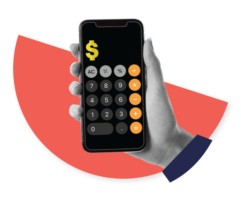 A hand holding a smartphone with a calculator app open on the screen. The calculator displays large, rounded buttons in black, gray, and orange. A yellow dollar sign is displayed at the top of the screen. The background features a large pink semicircle.