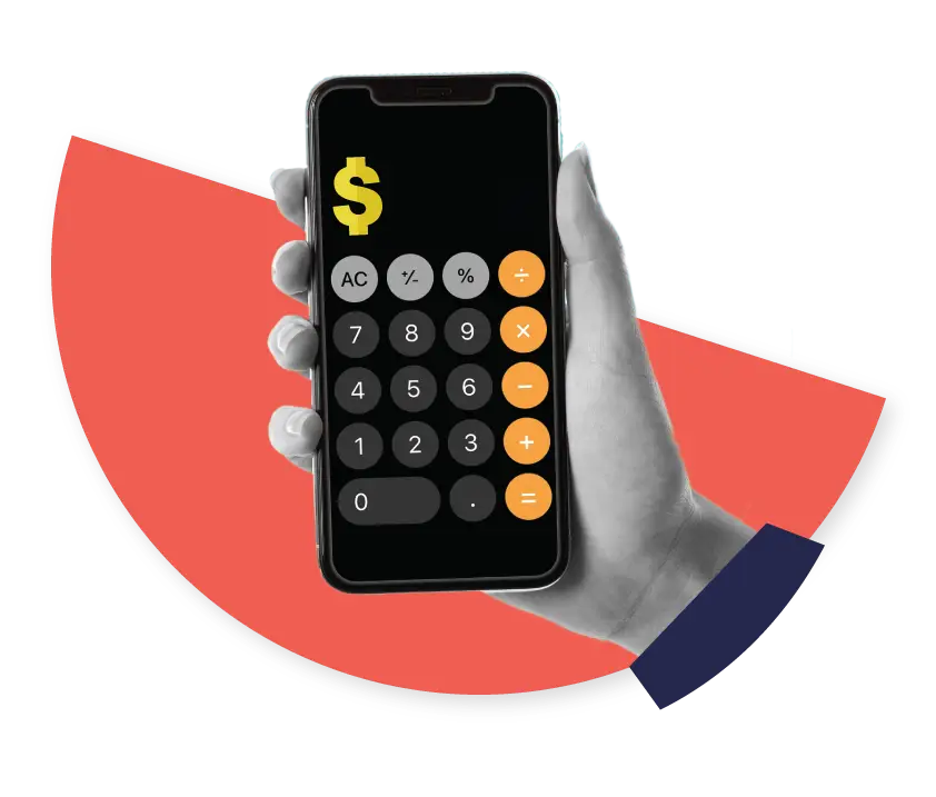 A hand holding a smartphone with a calculator app open on the screen. The calculator displays large, rounded buttons in black, gray, and orange. A yellow dollar sign is displayed at the top of the screen. The background features a large pink semicircle.